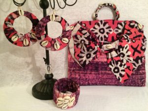 MYRA New! Trio African Pink and Black Kente Print Clutch Bow Shall Purse, Ear Rings, W/Bracelet $175.00